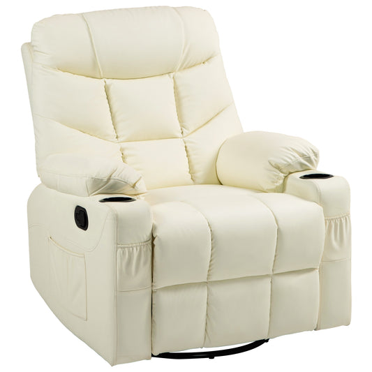 Manual Reclining Chair, Recliner Armchair with Swivel, Faux Leather, Footrest, Cup Holders, 86x93x102cm, Cream