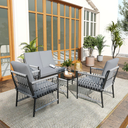 Outsunny 4 Piece Rattan Garden Furniture Set, 4 Seater Wicker Patio Conversation Set with 2 Armchairs, Loveseat, Glass Top Coffee Table and Cushions