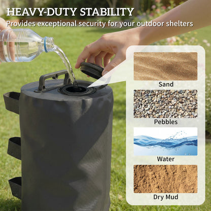 Set of 4 Gazebo Weight Bags | 10L Water or 13kg Sand | 500D PVC | Adjustable Straps 25-70mm Legs | Foldable | Black