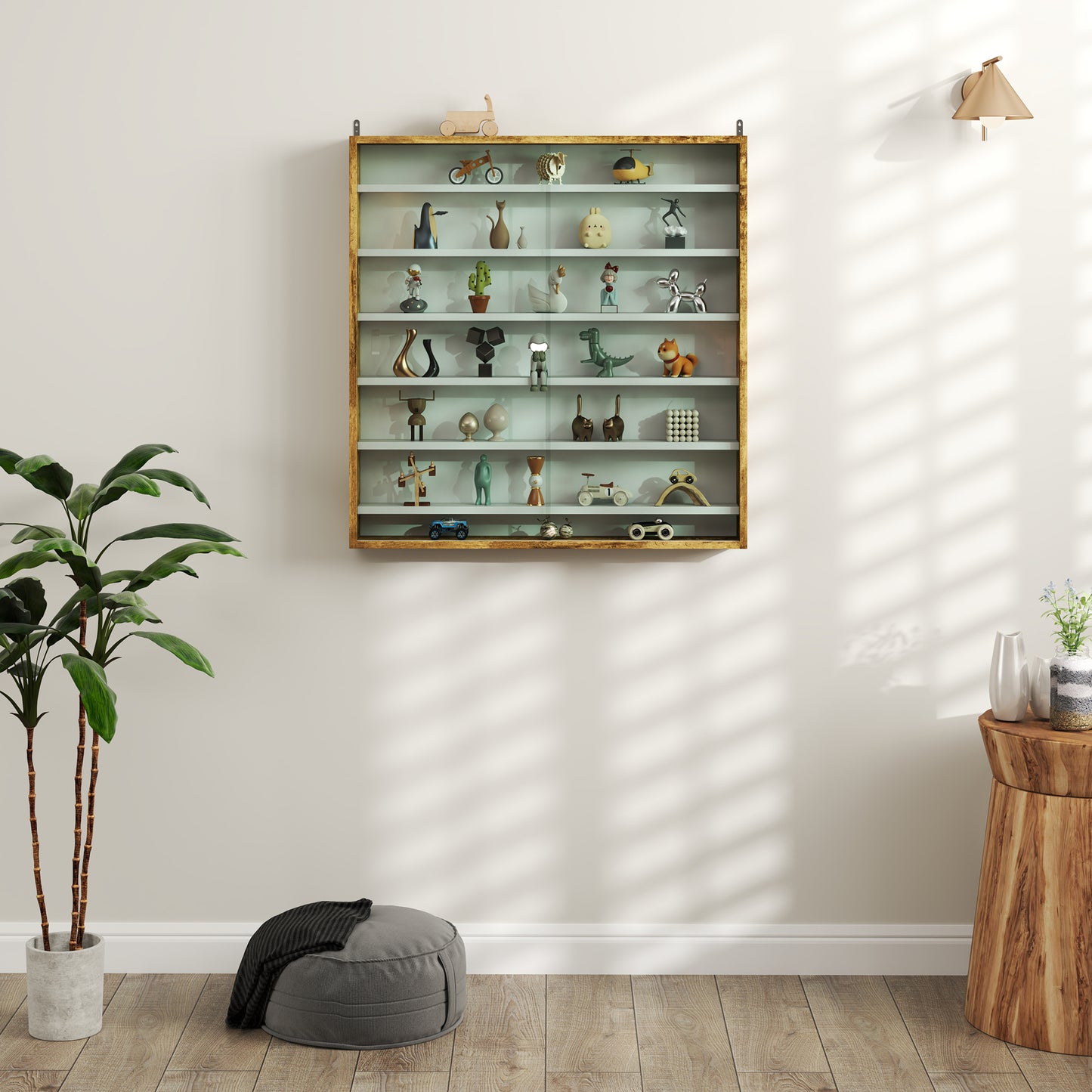 7-Tier Wall Display Shelf Unit Cabinet w/ 6 Adjustable Shelves Glass Doors Home Office Ornaments 83x80cm, Rustic Brown / Oak