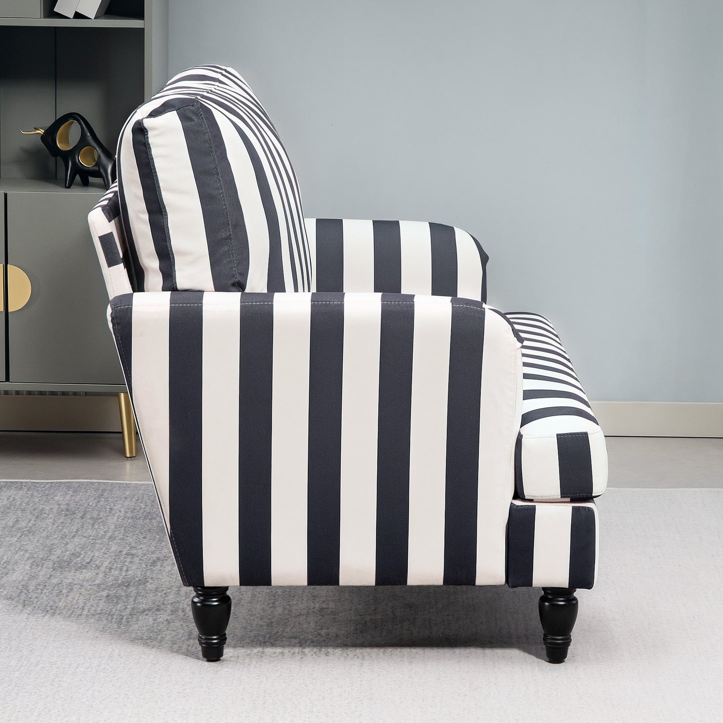 Modern Accent Chair, Velvet Single Sofa Armchair with Stripe, Turned Legs and Wide Seat, Upholstered Snuggle Chair for Living Room, Black and White