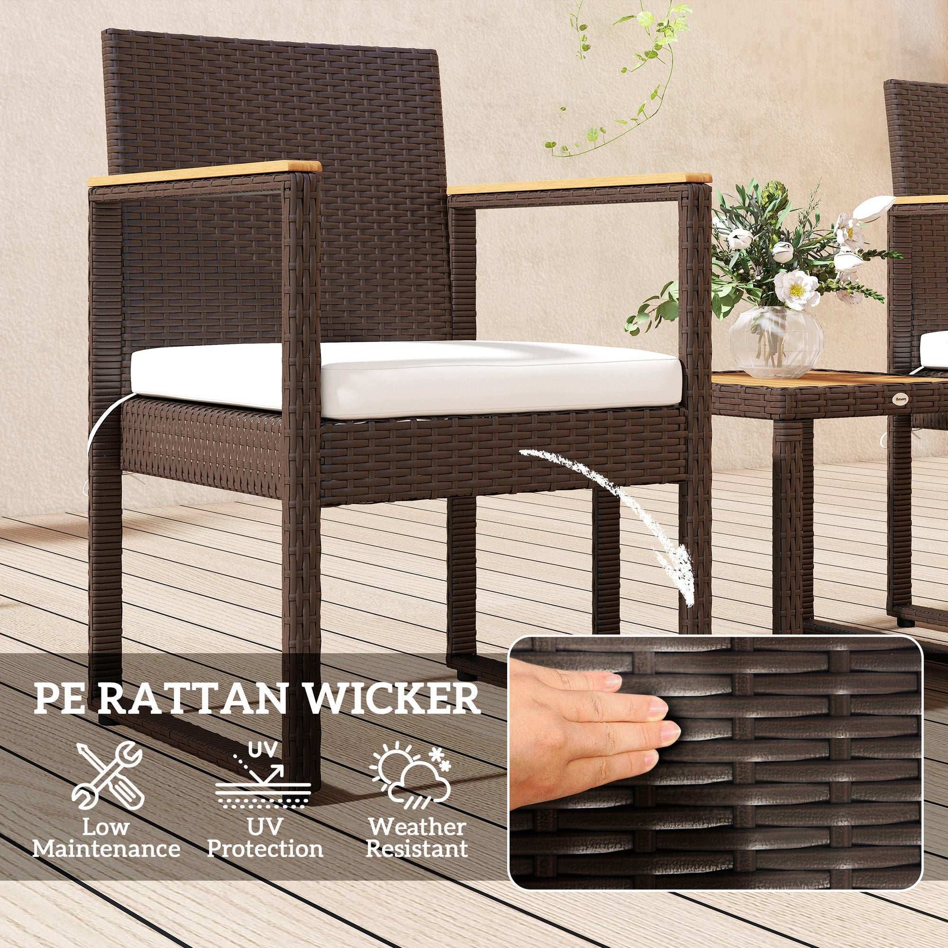 Outsunny Three-Piece Rattan Chair Set With Acadia Wood Table - Brown / Grey