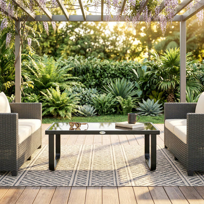 Rectangle Garden Coffee Table | Tempered Glass Top | Unique Leg Design | Adjustable Feet | 30kg | Black