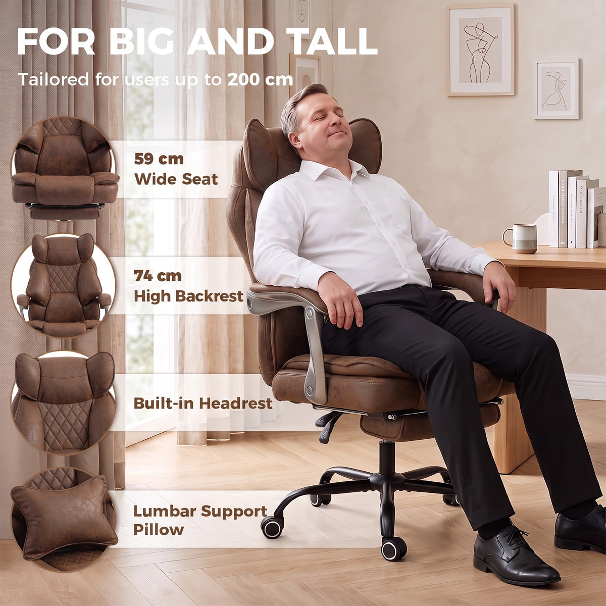 Executive Office Chair | Big & Tall 180kg Reclining Desk Chair with Footrest & Lumbar Support