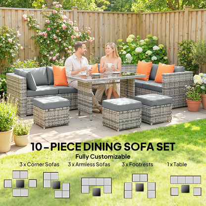 10-Piece PE Rattan Garden Furniture Set | 6 Chairs | 3 Footstools | Tempered Glass Dining Table | 10cm Zip Cushions | 4 Accent Pillows | L-Shaped Feet | 120kg Capacity | Grey & Dark Grey
