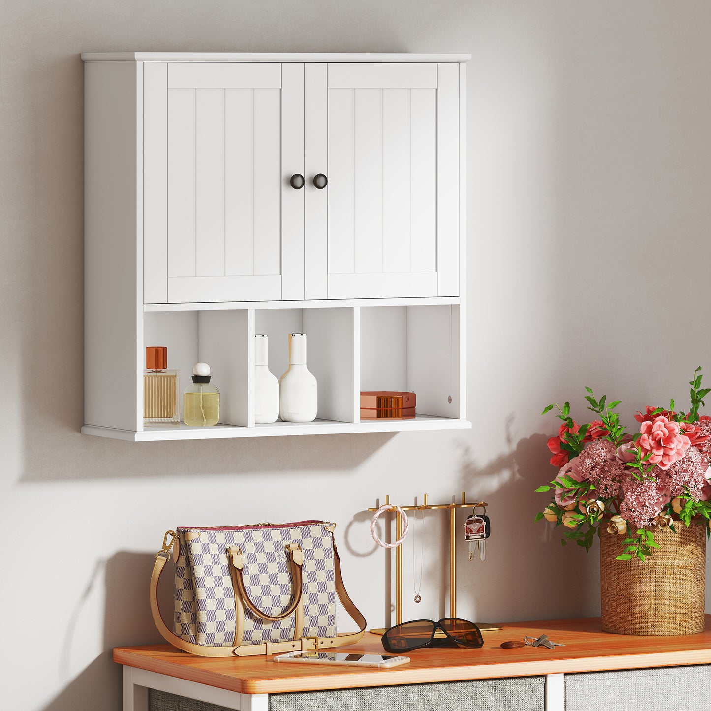 Farmhouse Bathroom Wall Cabinet, Wall Mounted Medicine Cabinet with Adjustable Shelf, Open Compartments, White
