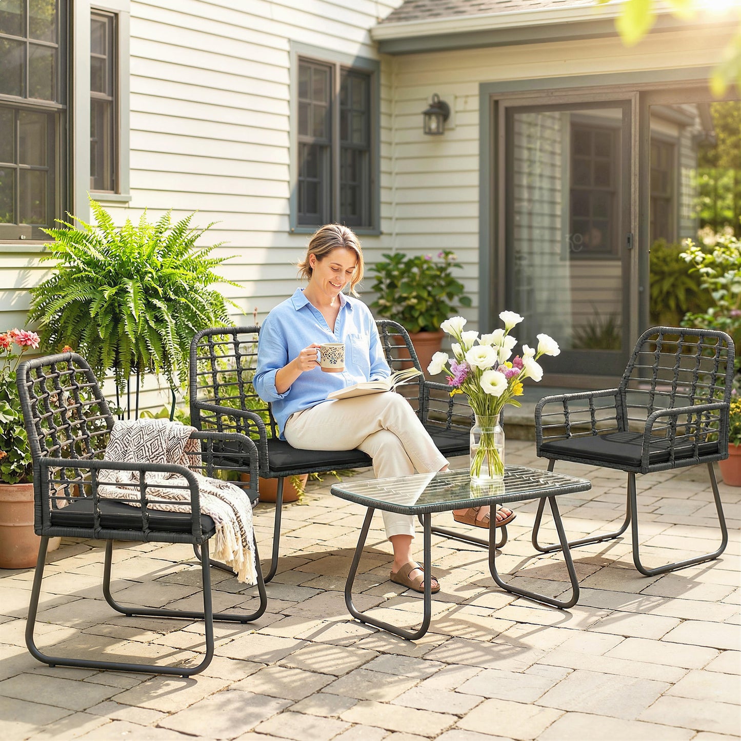 4 Piece Rattan Garden Furniture Set | Loveseat | 2 Armchairs | Coffee Table | Tempered Glass Top | PE Rattan & Metal Frame | High-Density Cushions | Washable Covers | Black