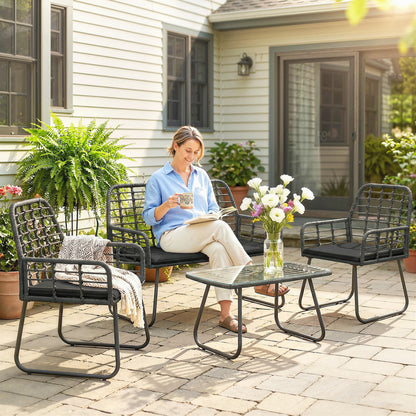 4 Piece Rattan Garden Furniture Set | Loveseat | 2 Armchairs | Coffee Table | Tempered Glass Top | PE Rattan & Metal Frame | High-Density Cushions | Washable Covers | Black