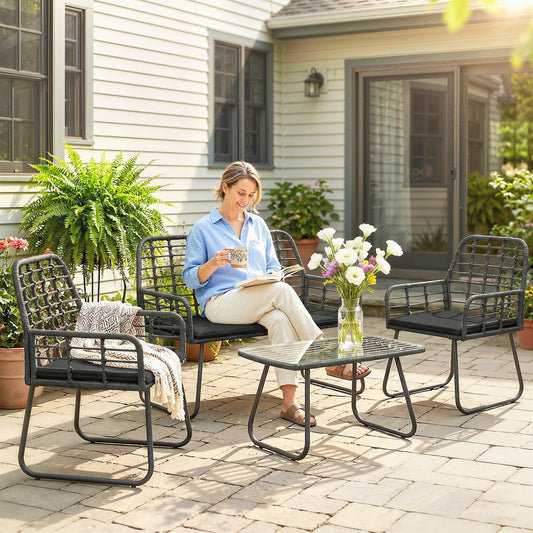 4 Piece Rattan Garden Furniture Set | Loveseat | 2 Armchairs | Coffee Table | Tempered Glass Top | PE Rattan & Metal Frame | High-Density Cushions | Washable Covers | Black