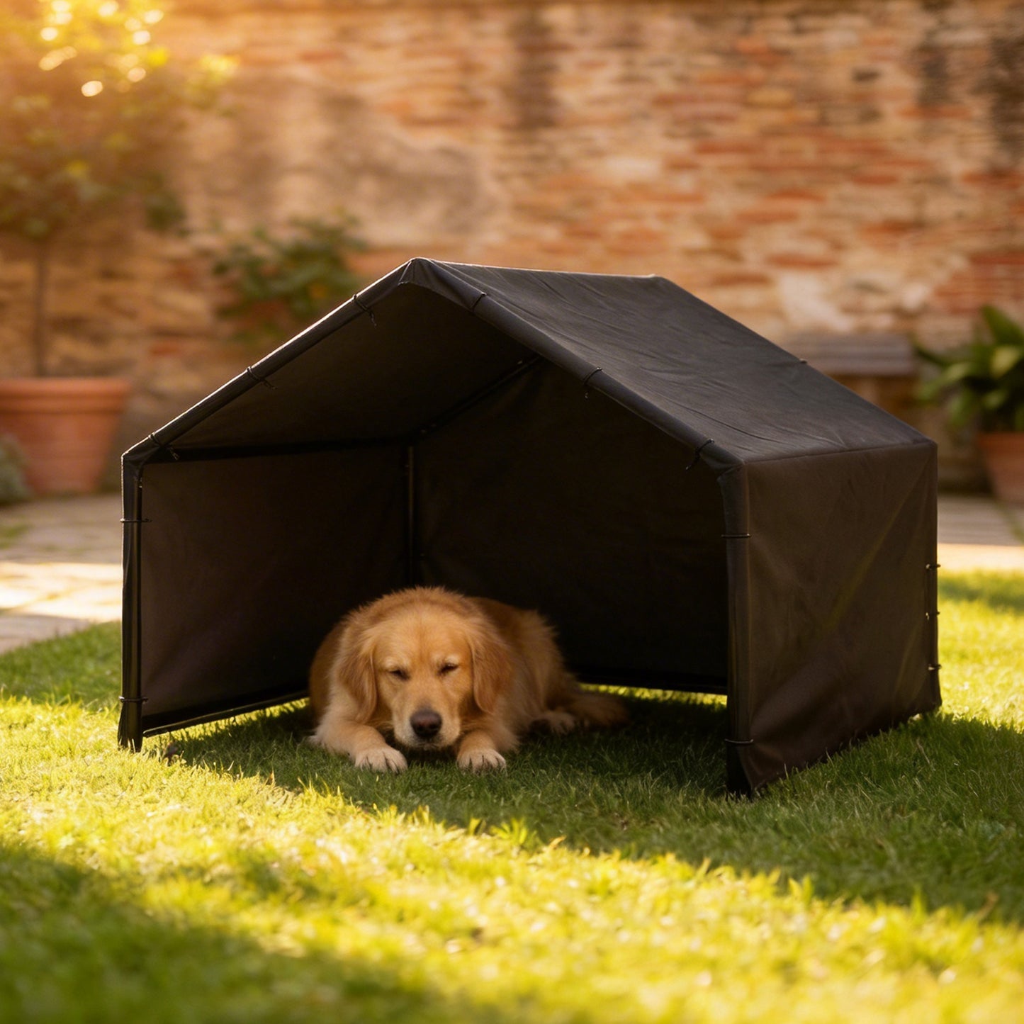 Outdoor Dog Shade Shelter | 420D Oxford Canopy | UV & Rain Resistant | Powder-Coated Steel Frame | Slanted Roof | Large Dogs up to 30kg | 125 x 110 x 93cm | Black