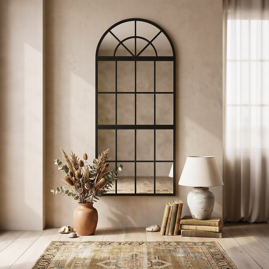 Arched Wall Mirror | 3-Piece Split Windowpane | 54x120cm | Black Metal Frame | Tempered Glass | 2cm Slim | Adjustable Spacing