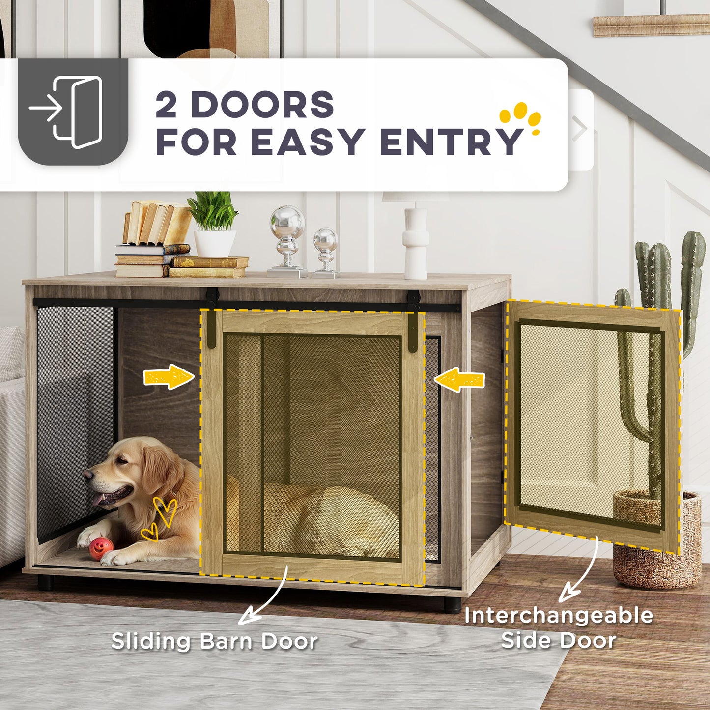 Dog Crate Furniture Side Table | Barn Door & Side Door | 3-Sided Ventilation | Extra Large Dogs up to 40kg | 118 x 75.5 x 82cm | Walnut Brown