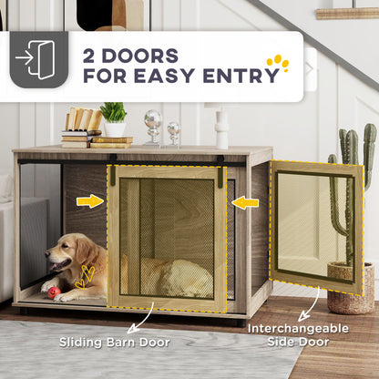 Dog Crate Furniture Side Table | Barn Door & Side Door | 3-Sided Ventilation | Extra Large Dogs up to 40kg | 118 x 75.5 x 82cm | Walnut Brown