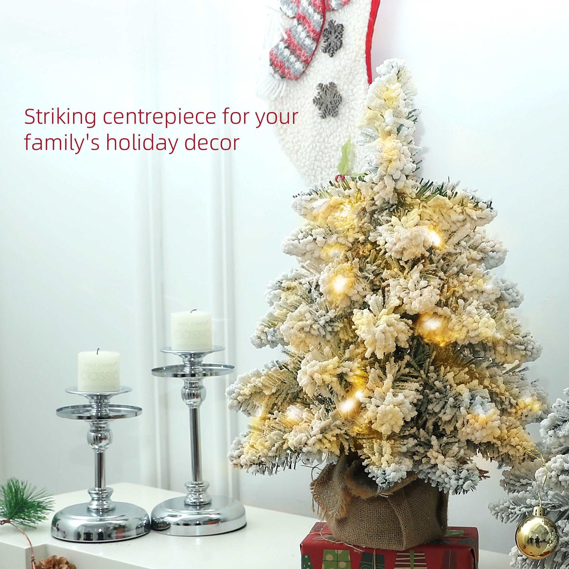 1.5ft Mini Artificial Christmas Trees with Lights Set of 2, Snow Flocked Tabletop with Base, Battery Operated, Desktop Party Decoration