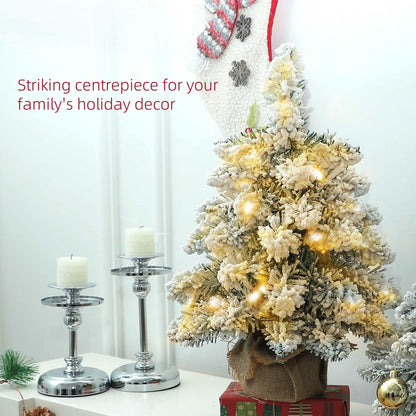 1.5ft Mini Artificial Christmas Trees with Lights Set of 2, Snow Flocked Tabletop with Base, Battery Operated, Desktop Party Decoration