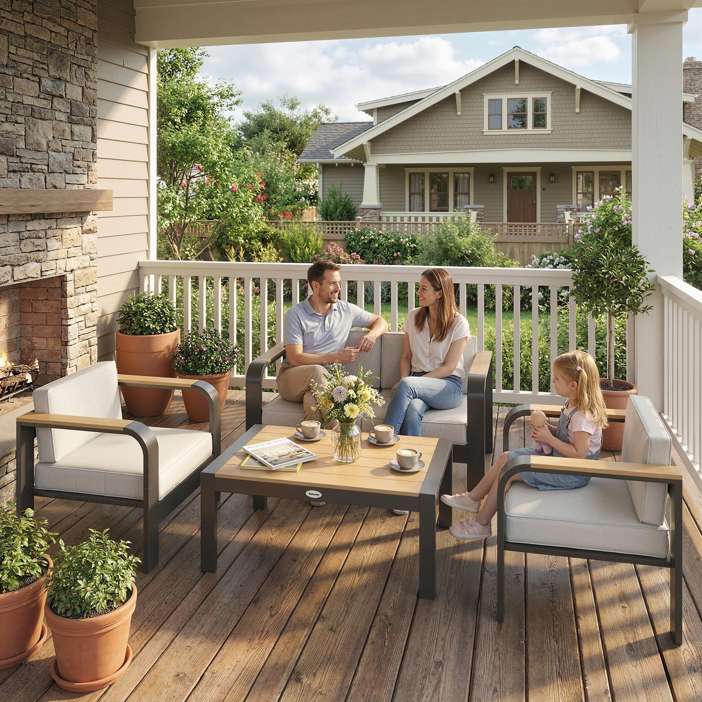 4-Piece 4-Seater Aluminium Garden Sofa Set | 68cm Deep Seats | 200GSM Olefin Cushions | WPC Armrests & Table | 240kg | Beige