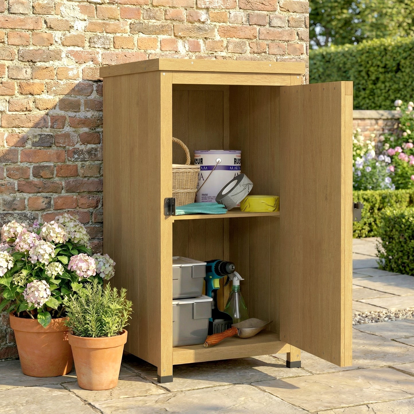 Compact Fir Wood Garden Storage Cupboard | Galvanised Metal Top | 2-Tier Shelf | Metal Clasp Door | 7.5cm Raised Feet | 45x45x85cm | Patio & Balcony | Light Brown