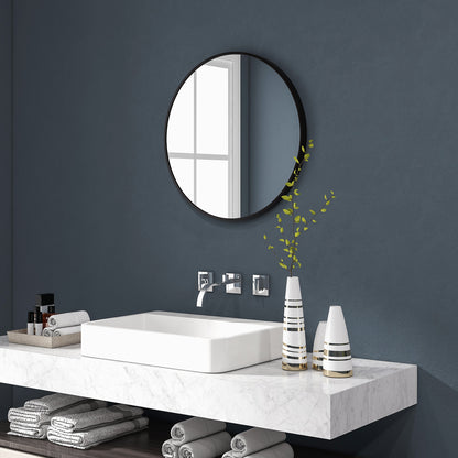 Round Bathroom Mirror, Modern Wall-mounted Vanity Mirror with Aluminium Frame and Easy Install Hook for Living Room, Entryway, 70 x 70cm, Black