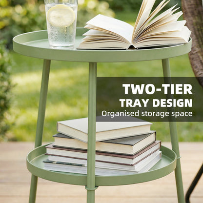 2 Tier Round Garden Bistro Side Table | 36x36x53cm | 32cm Top Tray | Tripod Base | Adjustable Feet | Powder Coated Metal | 20kg | Light Green
