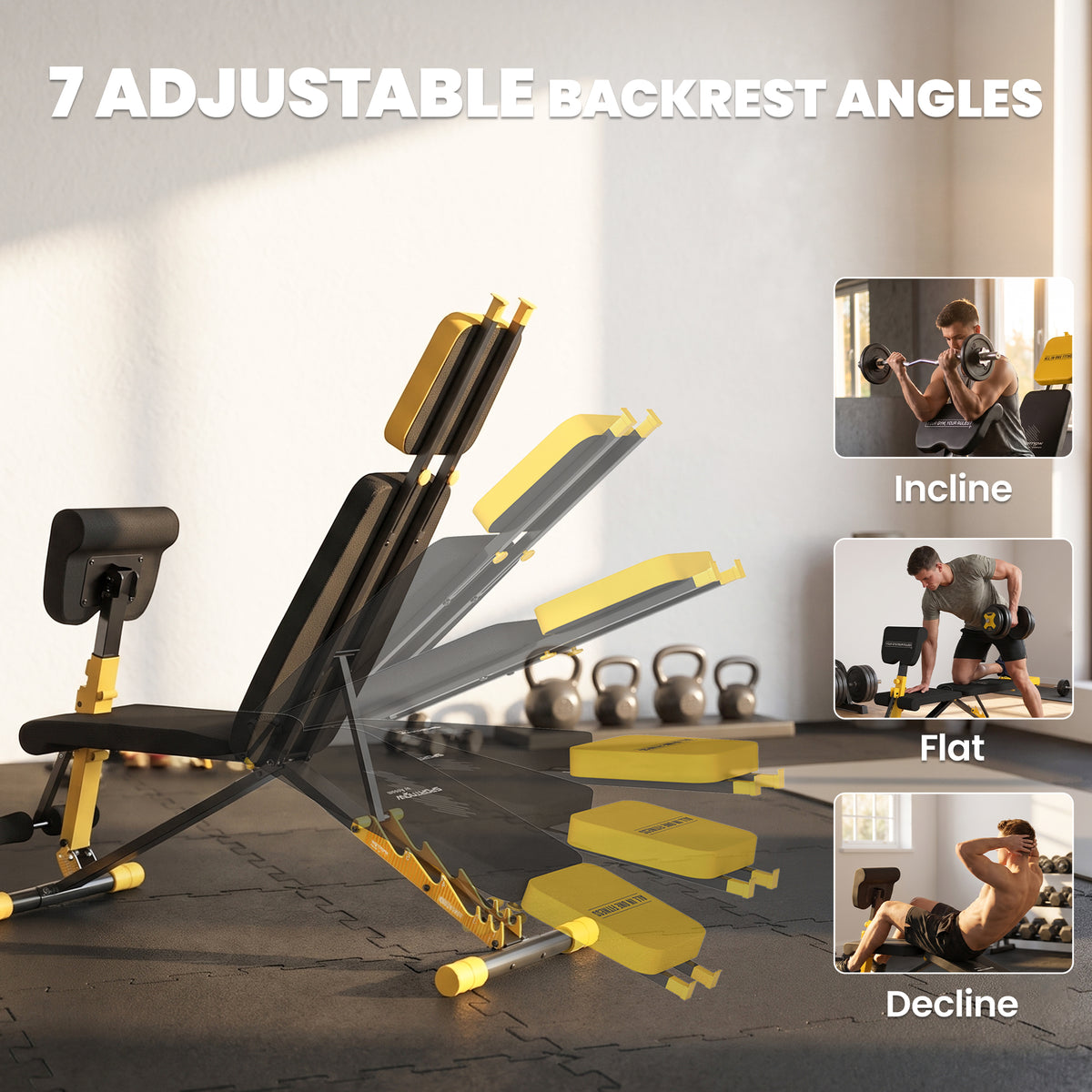 Adjustable Weight Bench | 300kg Capacity | 7 Backrest Positions | Preacher Curl | Leg Extension | Foldable | Home Gym | Yellow