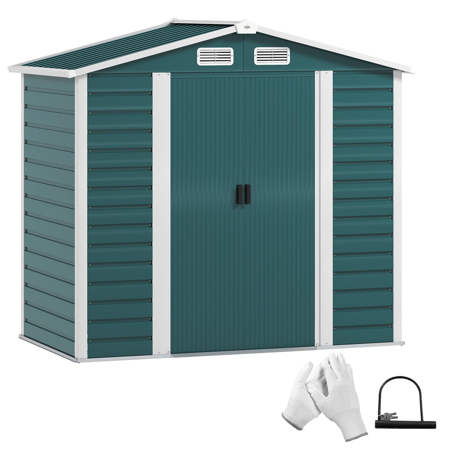 7 x 4ft Garden Shed, Easy to Assemble, Upgraded Galvanised Steel Frame with Foundation Kit, Double Doors with Lock, Outdoor Metal Shed