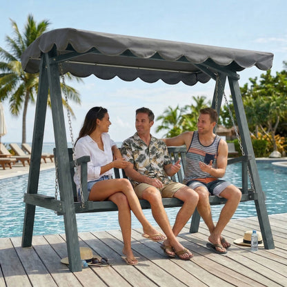 3-Seater Garden Swing Seat with Canopy | Pine Wood Frame | UV-Resistant | 360kg | Grey