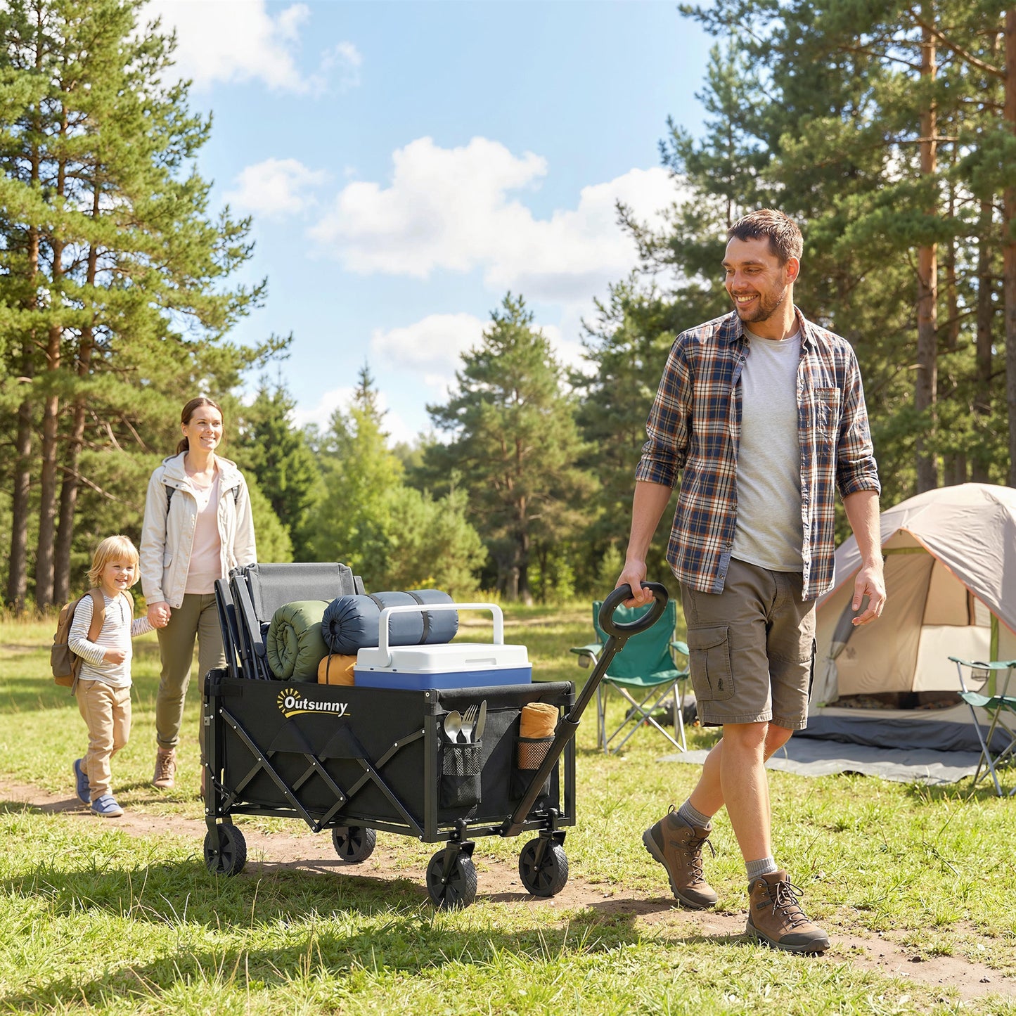80L Foldable Festival Camping Trolley | Drop-Down Tailgate | Adjustable Handle | 2 Cup Holders | Storage Bags | Quick Release Wheels | 150kg | Black