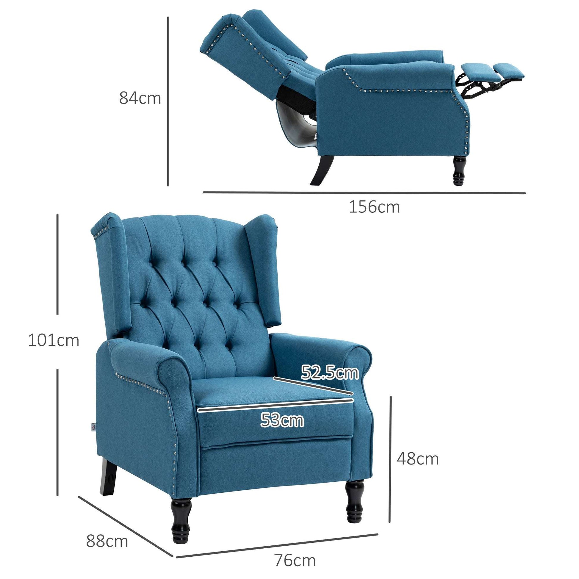 150° Reclining Vintage Retro Old Style Armchair, with footrest - Blue