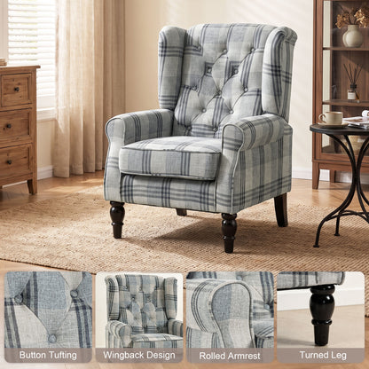 Retro Wingback Armchair | Faux Linen Mixed Plaid | Pocket Spring Cushion | Deep Tufted High Back | Solid Wood Legs