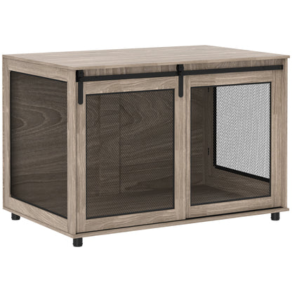Dog Crate Furniture Side Table | Barn Door & Side Door | 3-Sided Ventilation | Extra Large Dogs up to 40kg | 118 x 75.5 x 82cm | Walnut Brown