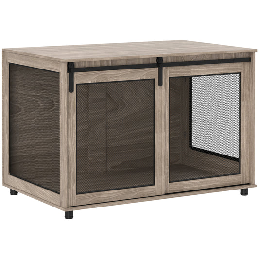 Dog Crate Furniture Side Table | Barn Door & Side Door | 3-Sided Ventilation | Extra Large Dogs up to 40kg | 118 x 75.5 x 82cm | Walnut Brown