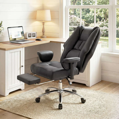 Ergonomic Executive Reclining Office Chair | 155° Recline | Retractable Footrest | Pocket Spring Seat | Pet-Friendly Faux Leather | Adjustable Armrests | SGS Gas Lift | 120kg | Black