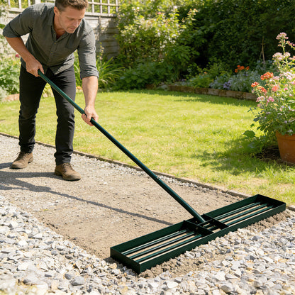 113cm Lawn Levelling Rake / Lawn Lute | 3-Section Handle 169cm | Rust-Resistant Metal | Green
