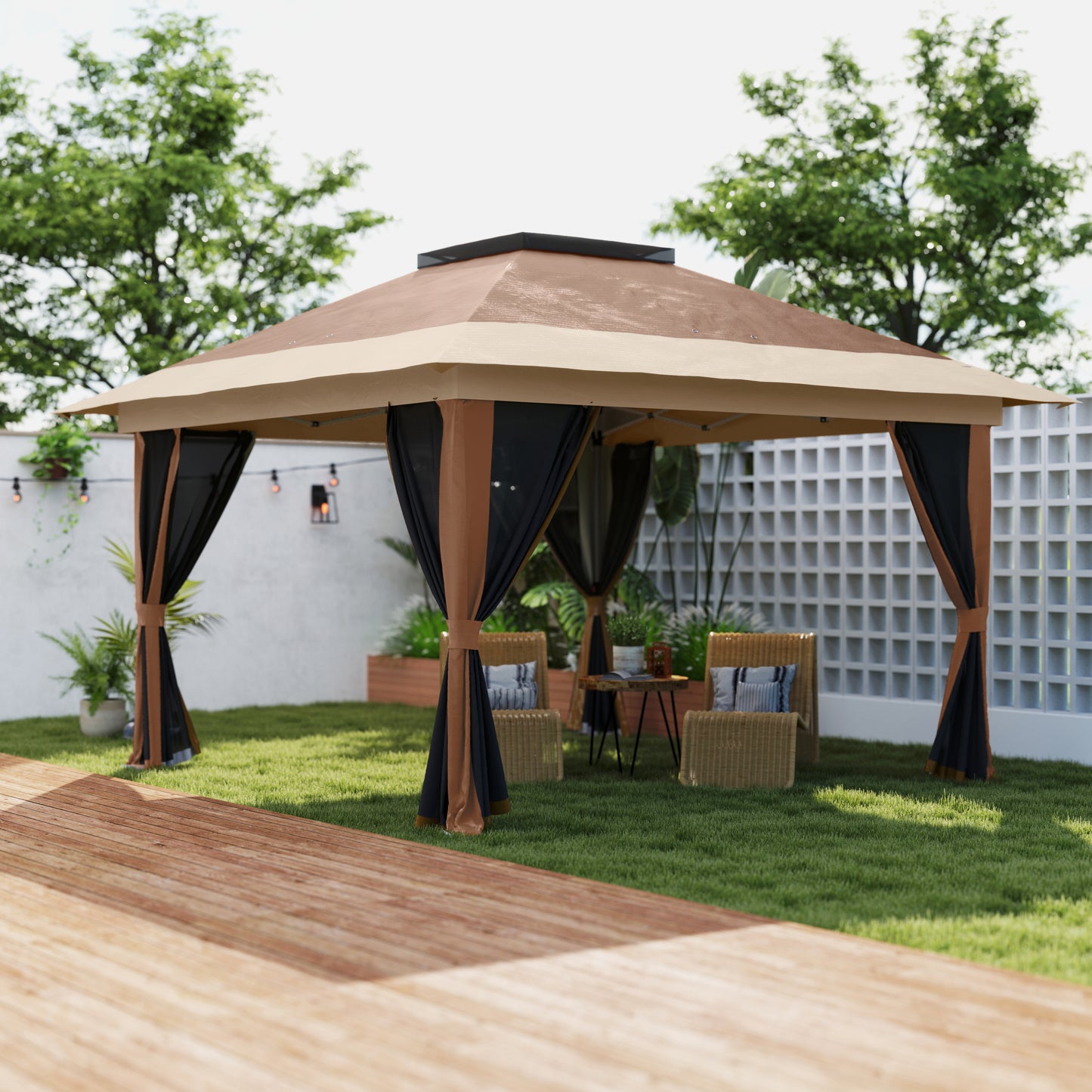 3.6x3.6m Pop-Up Gazebo | UPF50+ Oxford Fabric | Removable Mesh Walls | 3-Height Adjustment 260-280cm | 8 Drainage Holes | 4 Guy Ropes, 12 Ground Stakes & 4 Sandbags | Wheeled Carry Bag | Fits 8-12 People | Brown
