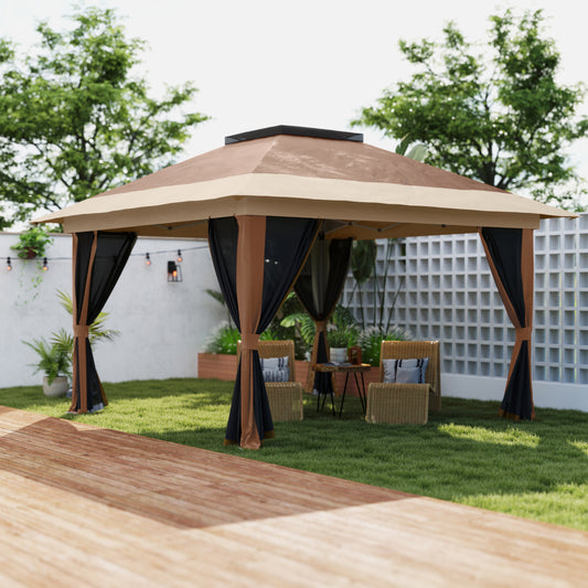 3.6x3.6m Pop-Up Gazebo | UPF50+ Oxford Fabric | Removable Mesh Walls | 3-Height Adjustment 260-280cm | 8 Drainage Holes | 4 Guy Ropes, 12 Ground Stakes & 4 Sandbags | Wheeled Carry Bag | Fits 8-12 People | Brown