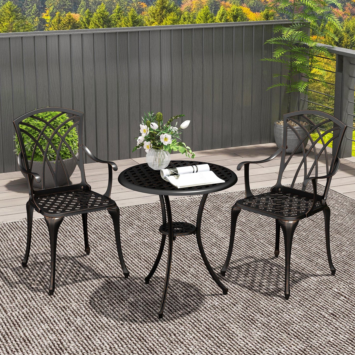 Outsunny 3 Pieces Garden Dining Set for 2, Cast Aluminium Outdoor Garden Furniture Dining Set with 2 Armchairs and Round Table