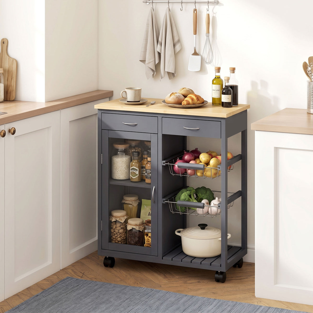 Rolling Kitchen Island Trolley | Bamboo Worktop | Glass Door Cabinet | 2 Wire Baskets | 2 Drawers | Adjustable Shelf | 4 Wheels | 67x35x80cm | Grey