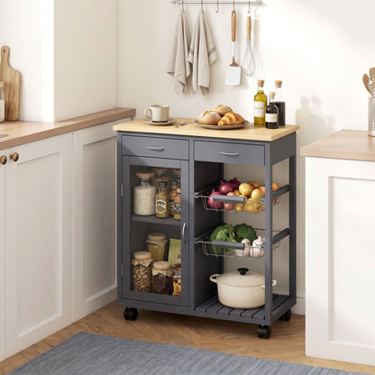 Rolling Kitchen Island Trolley | Bamboo Worktop | Glass Door Cabinet | 2 Wire Baskets | 2 Drawers | Adjustable Shelf | 4 Wheels | 67x35x80cm | Grey