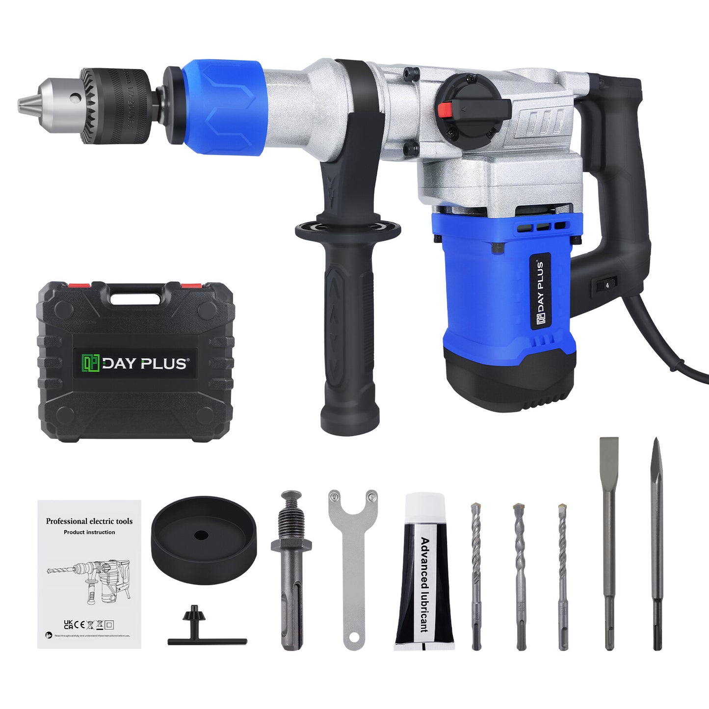 1500W SDS Plus Rotary Hammer Drill – 4 Functions, 0–800RPM, 4000BPM, 360° Handle, Vibration Control, Safety Clutch & Case