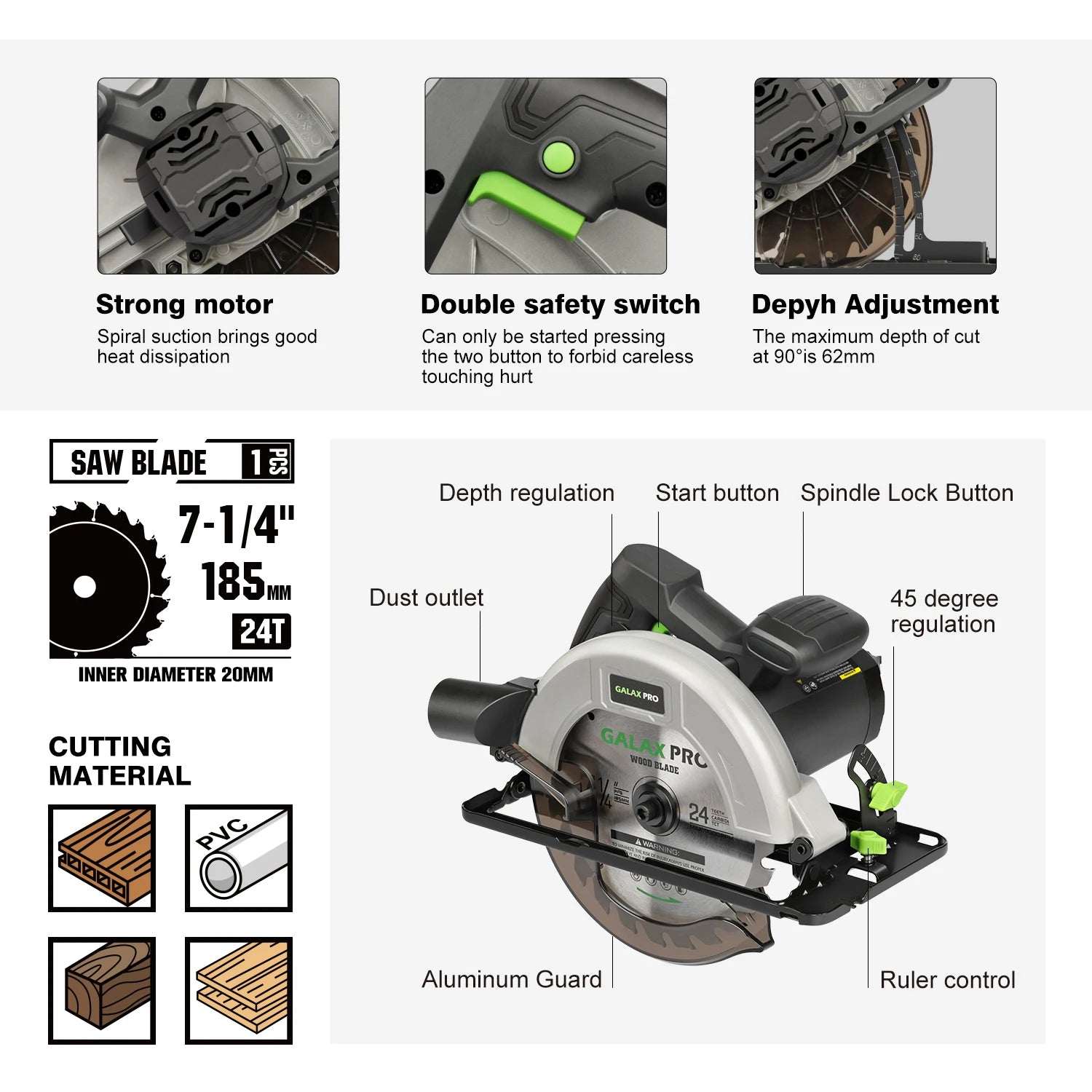 GALAX PRO Circular Saw 185Mm Saw Blade DIY Rechargeable 1400W Motor 6000RPM for Wood PVC Cutting Adjustable Bevel Electric Tool