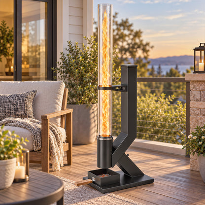 Outsunny 13kW Outdoor Wood Pellet Patio Heater | Real-Flame Glass Tube, 5L / 2.4kg Hopper & Adjustable Vent | Ash Tray | Black, 141cm