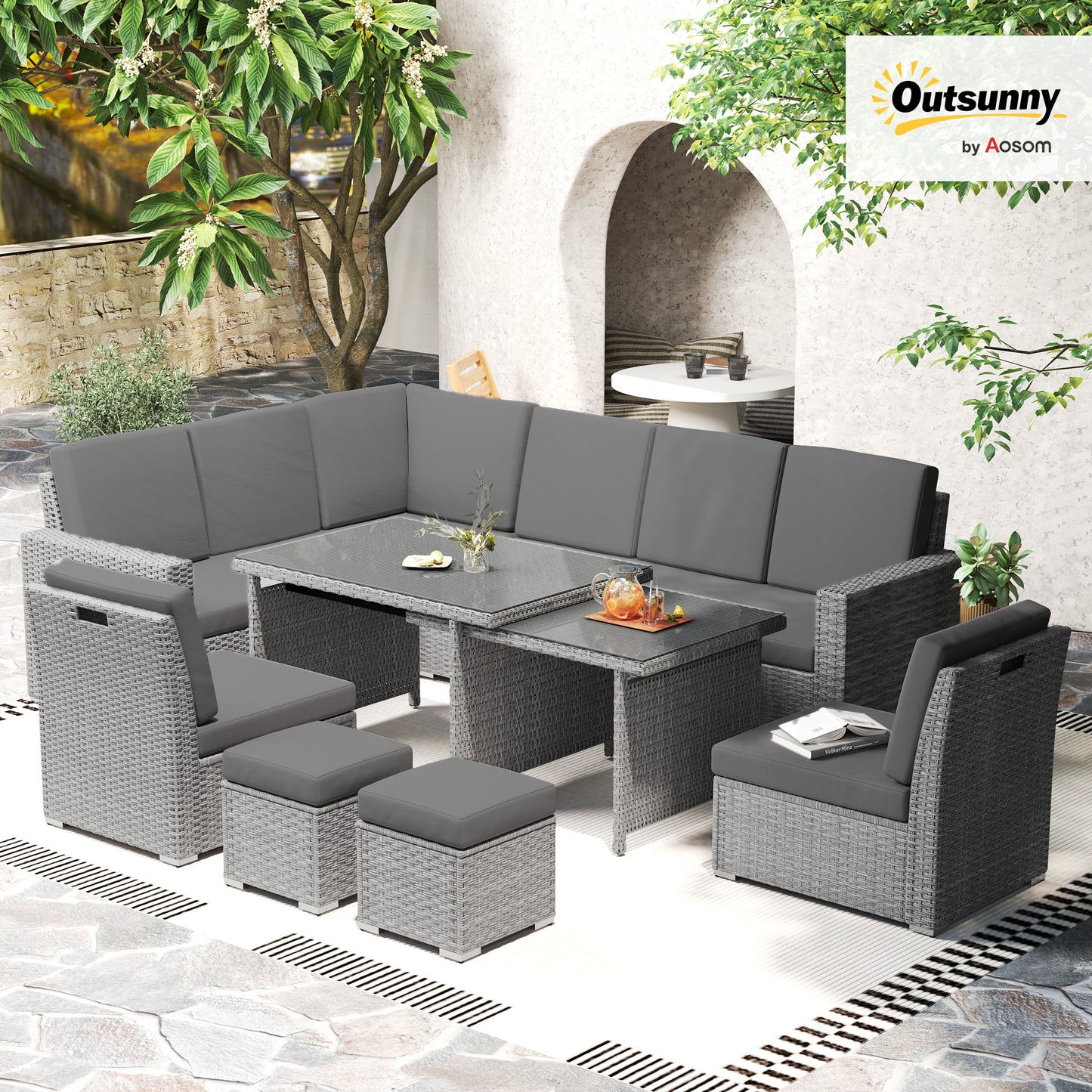 7 Piece Rattan Garden Sofa Set Seats 10 | Corner Sofa | 3 Seater Sofa | 2 Armless Chairs | Expanding Dining Table | 5mm Tempered Glass | PE Rattan & Steel Frame | Washable Cushions | Light Grey