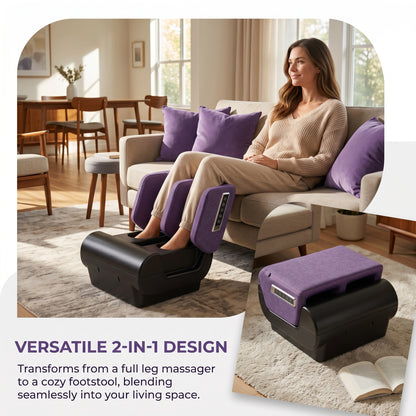 2-in-1 Foot & Calf Massager Ottoman | Heat | 360° Air Compression | 3 Modes & Intensities | Washable Sleeves | Purple & Black