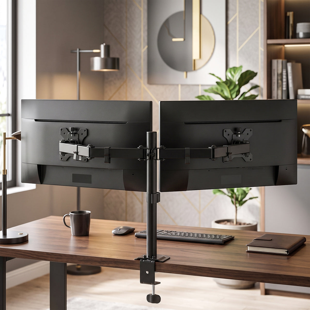 Dual Monitor Stand | 2 Screens up to 32 Inch | Height Adjustable, Tilt, Swivel & 360° Rotation | 20kg Capacity | Black Steel