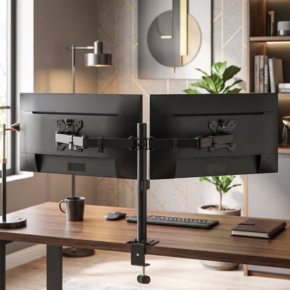 Dual Monitor Stand | 2 Screens up to 32 Inch | Height Adjustable, Tilt, Swivel & 360° Rotation | 20kg Capacity | Black Steel