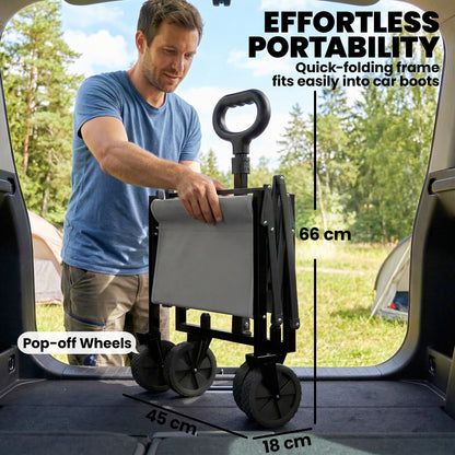 80L Foldable Festival Camping Trolley | Drop-Down Tailgate | Adjustable Handle | 2 Cup Holders | Storage Bags | Quick Release Wheels | 150kg | Grey