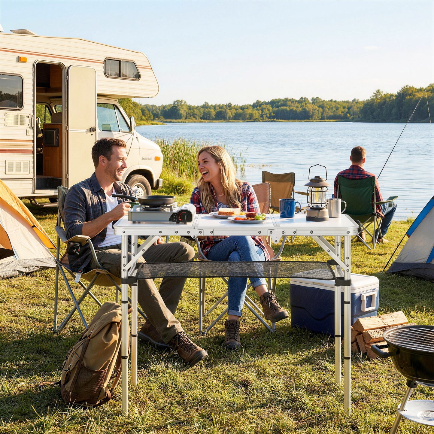 3ft Folding Camping Picnic Table | Tri-Fold | 90x40cm | Water Repellent MDF Top | Mesh Storage Layer | Carry Bag | 35kg | Cream White