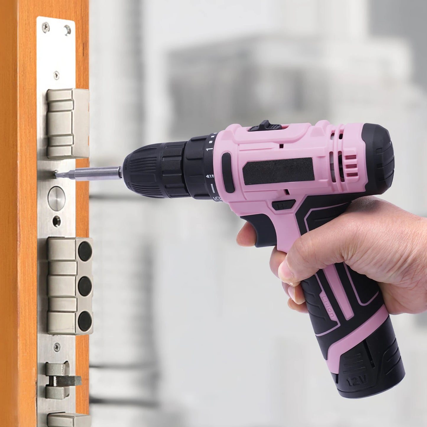 12 Volt Pink Electric 21 Piece Cordless Drill Set With Keyless Chuck & Battery For DIY Projects Drilling Wood / Metal