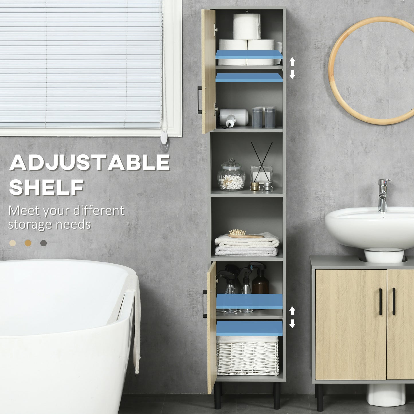 Kleankin Bathroom Furniture Set with Doors, Tall Bathroom Cabinet with Adjustable Shelves, Under Sink Cabinet, Grey