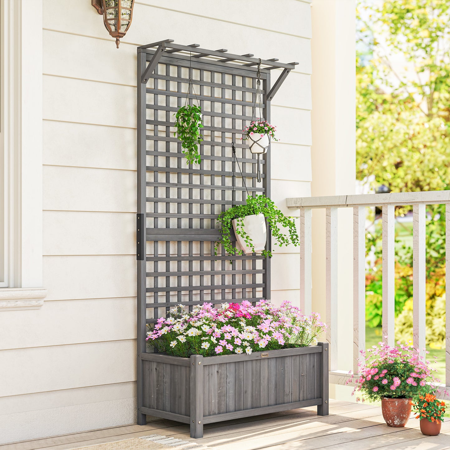 Raised Bed with Drainage Holes, Wood Planter with Trellis for Climbing Plants to Grow Vegetables, Flowers, Dark Grey